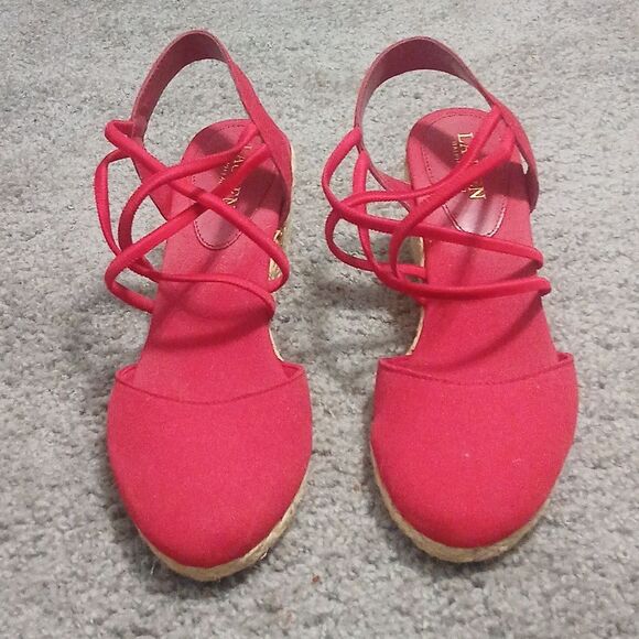 Lauren Ralph Lauren Caralee Red canvas wedge close toe sandals Sz 10 EUC - Picture 2 of 8